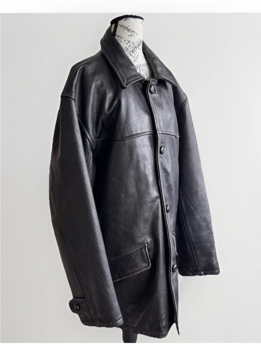 Vintage 90s Y2K American Base Black Leather Button Down Car Coat Jacket Mens XL